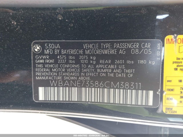 Продаж на аукціоні авто 2006 Bmw 530i, vin: WBANE73586CM38311, номер лоту: 44547052