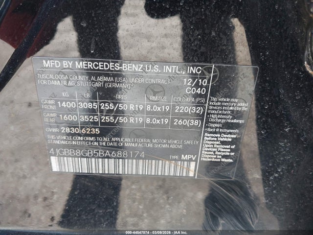 Продажа на аукционе авто 2011 Mercedes-benz Ml 350 4matic, vin: 4JGBB8GB5BA688174, номер лота: 44547074