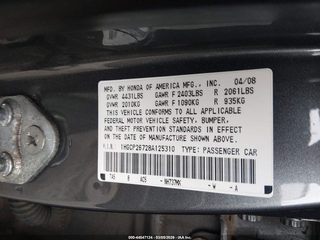 2008 Honda Accord 2.4 Ex მანქანა იყიდება აუქციონზე, vin: 1HGCP26728A125310, აუქციონის ნომერი: 44547124