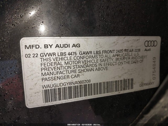 Продажа на аукционе авто 2022 Audi A3 Premium 40 Tfsi Quattro S Tronic, vin: WAUGUDGY8NA060208, номер лота: 44547128