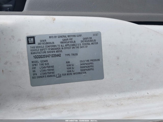 Продажа на аукционе авто 2007 Chevrolet Express Work Van, vin: 1GCGG25V471229442, номер лота: 44547166