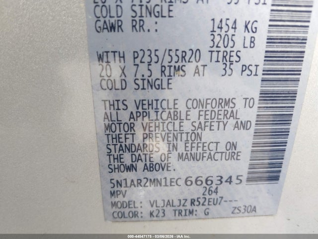 44547175 :رقم المزاد ، 5N1AR2MN1EC666345 vin ، 2014 Nissan Pathfinder Platinum مزاد بيع