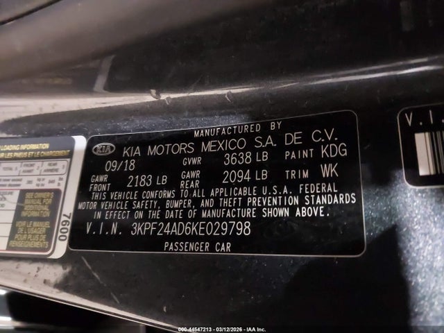 Aukcja sprzedaży 2019 Kia Forte Fe, vin: 3KPF24AD6KE029798, numer aukcji: 44547213