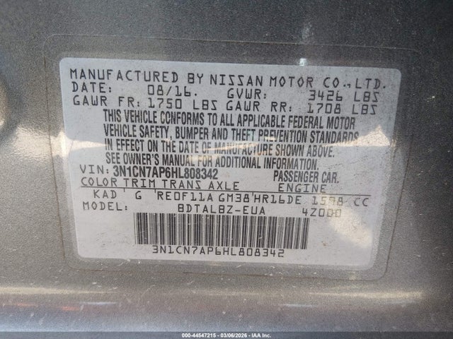 3N1CN7AP6HL808342 Nissan Versa 1.6 S/1.6 S+/1.6 Sl/1.6 Sv