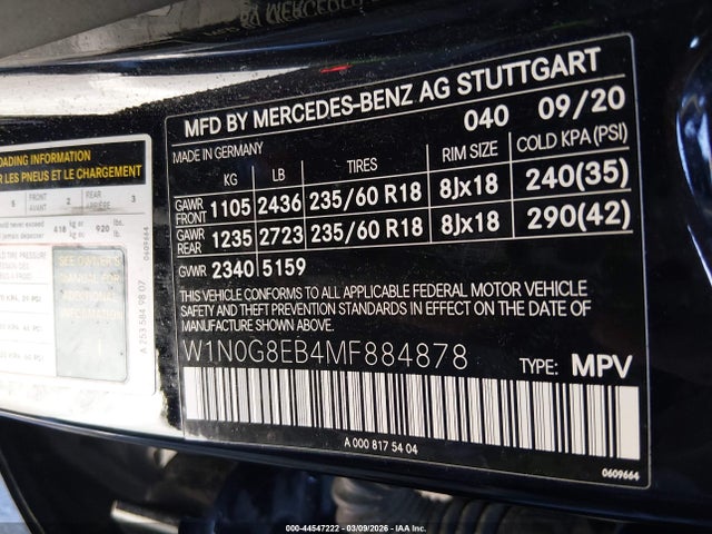 Aukcja sprzedaży 2021 Mercedes-benz Glc 300 4matic Suv, vin: W1N0G8EB4MF884878, numer aukcji: 44547222