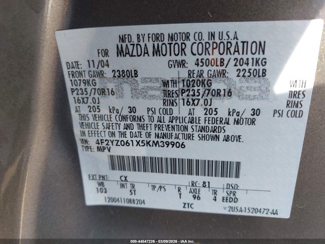 44547226 :رقم المزاد ، 4F2YZ061X5KM39906 vin ، 2005 Mazda Tribute S مزاد بيع