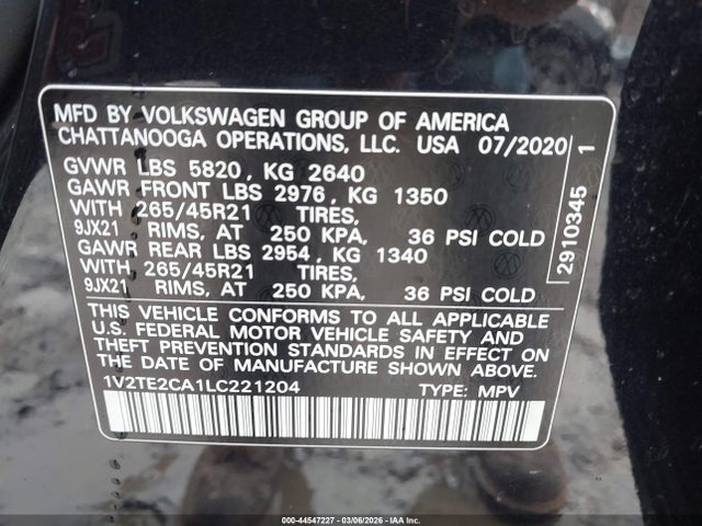 2020 Volkswagen Atlas Cross Sport 3.6l V6 Sel Premium R-line მანქანა იყიდება აუქციონზე, vin: 1V2TE2CA1LC221204, აუქციონის ნომერი: 44547227