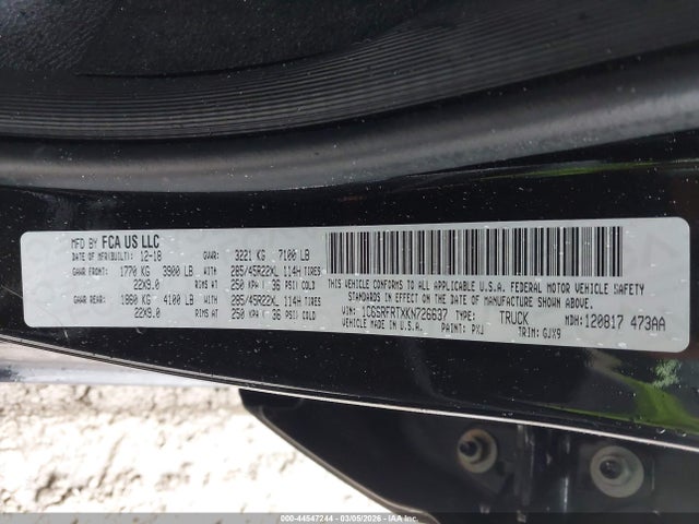 44547244 :رقم المزاد ، 1C6SRFRTXKN726637 vin ، 2019 Ram 1500 Laramie  4x4 6'4 Box مزاد بيع