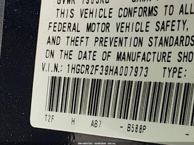 Honda ACCORD LX 2017 1HGCR2F39HA007973 Image 9