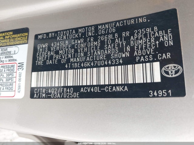 Aukcja sprzedaży 2007 Toyota Camry Le, vin: 4T1BE46K47U044334, numer aukcji: 44547286