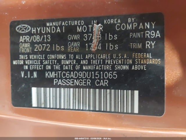 Aukcja sprzedaży 2013 Hyundai Veloster Base W/black, vin: KMHTC6AD9DU151065, numer aukcji: 44547310