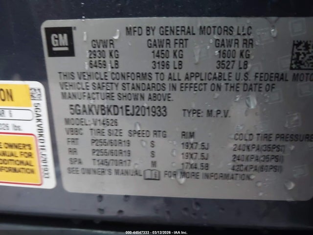 2014 Buick Enclave Leather მანქანა იყიდება აუქციონზე, vin: 5GAKVBKD1EJ201933, აუქციონის ნომერი: 44547333