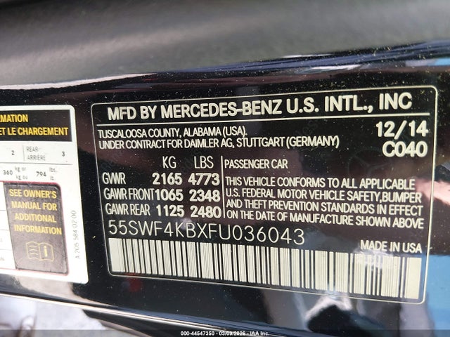 2015 Mercedes-benz C 300 4matic მანქანა იყიდება აუქციონზე, vin: 55SWF4KBXFU036043, აუქციონის ნომერი: 44547350