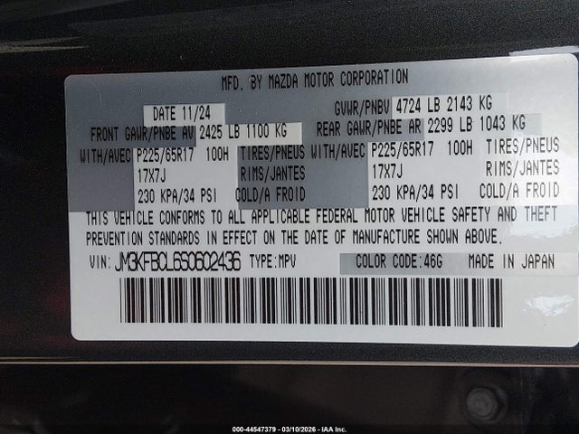 44547379 :رقم المزاد ، JM3KFBCL6S0602436 vin ، 2025 Mazda Cx-5 2.5 S Preferred مزاد بيع