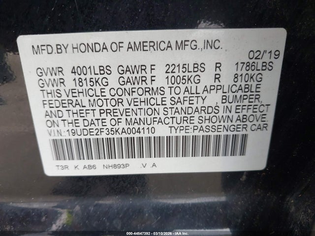 44547392 :رقم المزاد ، 19UDE2F35KA004110 vin ، 2019 Acura Ilx Standard مزاد بيع