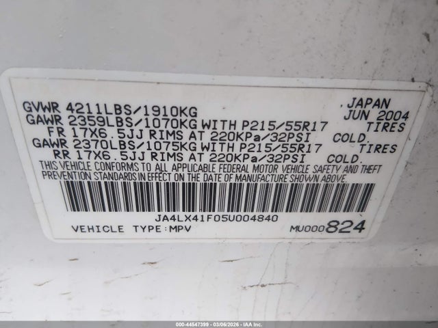 2005 Mitsubishi Outlander Xls მანქანა იყიდება აუქციონზე, vin: JA4LX41F05U004840, აუქციონის ნომერი: 44547399