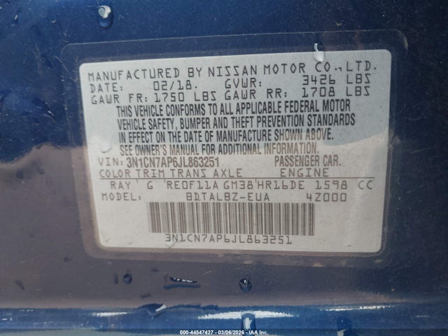 Продаж на аукціоні авто 2018 Nissan Versa 1.6 Sv, vin: 3N1CN7AP6JL863251, номер лоту: 44547427