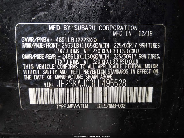 44547443 :رقم المزاد ، JF2SKAJC3LH495528 vin ، 2020 Subaru Forester Premium مزاد بيع