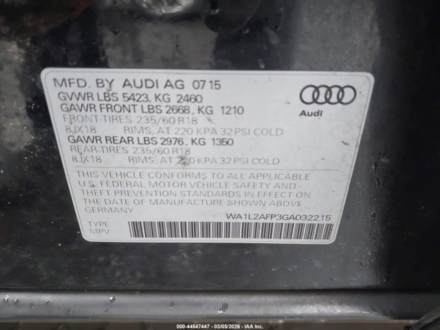 Aukcja sprzedaży 2016 Audi Q5 2.0t Premium, vin: WA1L2AFP3GA032215, numer aukcji: 44547447