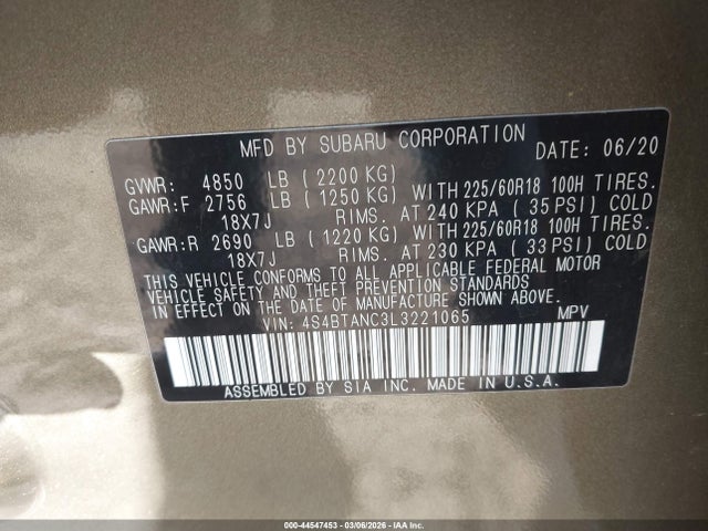 44547453 :رقم المزاد ، 4S4BTANC3L3221065 vin ، 2020 Subaru Outback Limited مزاد بيع