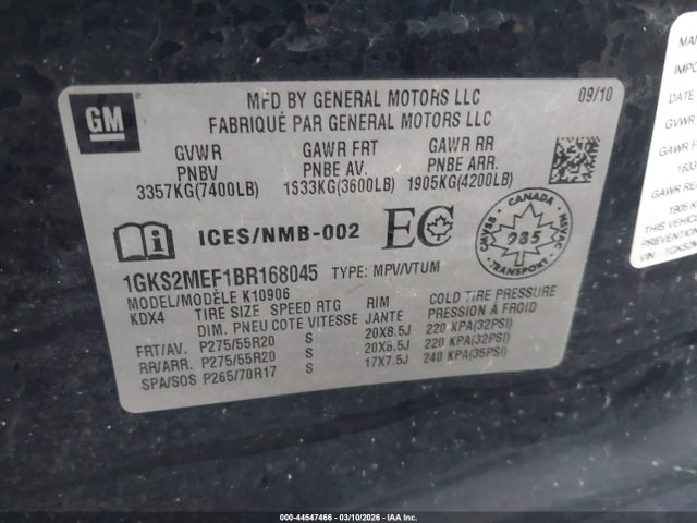 44547466 :رقم المزاد ، 1GKS2MEF1BR168045 vin ، 2011 Gmc Yukon Xl 1500 Denali مزاد بيع