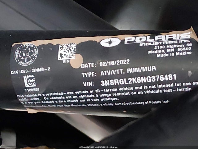 44547485 :رقم المزاد ، 3NSRGL2K6NG376481 vin ، 2022 Polaris Rzr Pro R Ultimate Launch Edition مزاد بيع