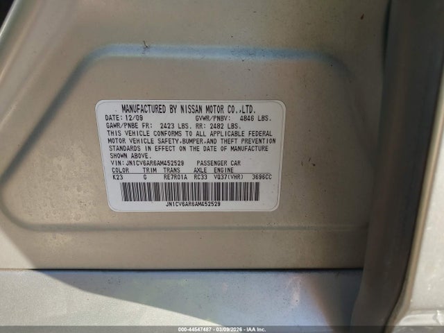 44547487 :رقم المزاد ، JN1CV6AR6AM452529 vin ، 2010 Infiniti G37x مزاد بيع