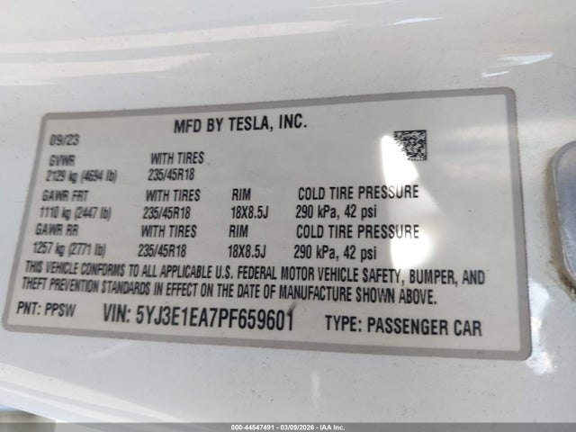 44547491 :رقم المزاد ، 5YJ3E1EA7PF659601 vin ، 2023 Tesla Model 3 Rear-wheel Drive مزاد بيع