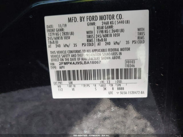 2020 Ford Edge Sel მანქანა იყიდება აუქციონზე, vin: 2FMPK4J95LBA18067, აუქციონის ნომერი: 44547505