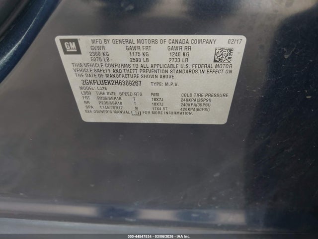 44547534 :رقم المزاد ، 2GKFLUEK2H6309267 vin ، 2017 Gmc Terrain Slt مزاد بيع