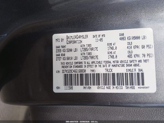 2006 Dodge Ram 2500 Slt მანქანა იყიდება აუქციონზე, vin: 3D7KS29C46G168830, აუქციონის ნომერი: 44547539