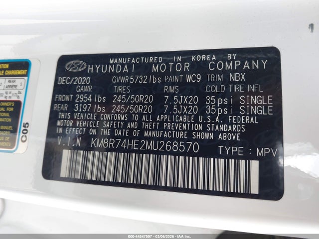 2021 Hyundai Palisade Calligraphy მანქანა იყიდება აუქციონზე, vin: KM8R74HE2MU268570, აუქციონის ნომერი: 44547597