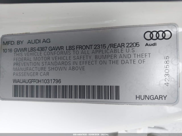 44547635 :رقم المزاد ، WAUAUGFF0H1031796 vin ، 2017 Audi A3 2.0t Premium مزاد بيع