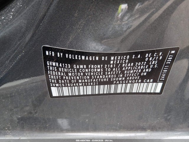 2019 Volkswagen Jetta 1.4t R-line/1.4t S/1.4t Se მანქანა იყიდება აუქციონზე, vin: 3VWC57BU4KM213621, აუქციონის ნომერი: 44547664