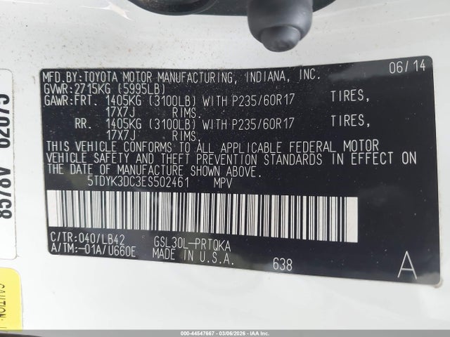 Продаж на аукціоні авто 2014 Toyota Sienna Xle V6 8 Passenger, vin: 5TDYK3DC3ES502461, номер лоту: 44547667