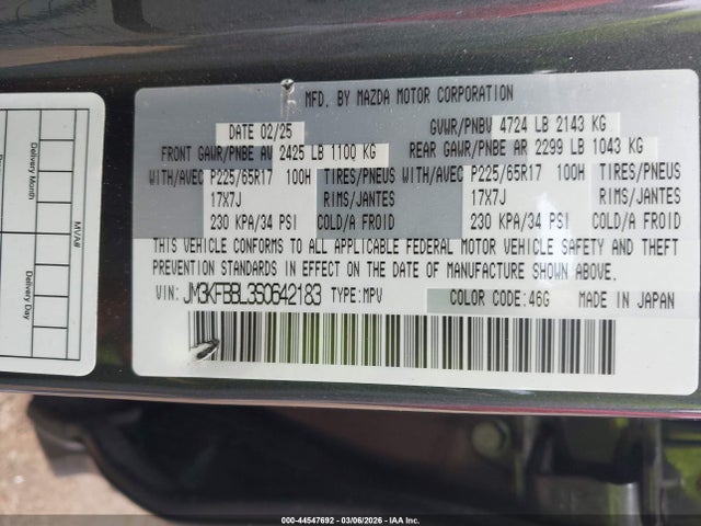 44547692 :رقم المزاد ، JM3KFBBL3S0642183 vin ، 2025 Mazda Cx-5 2.5 S Select مزاد بيع