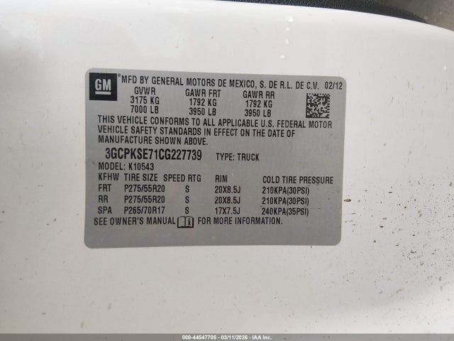 Aukcja sprzedaży 2012 Chevrolet Silverado 1500 Lt, vin: 3GCPKSE71CG227739, numer aukcji: 44547705