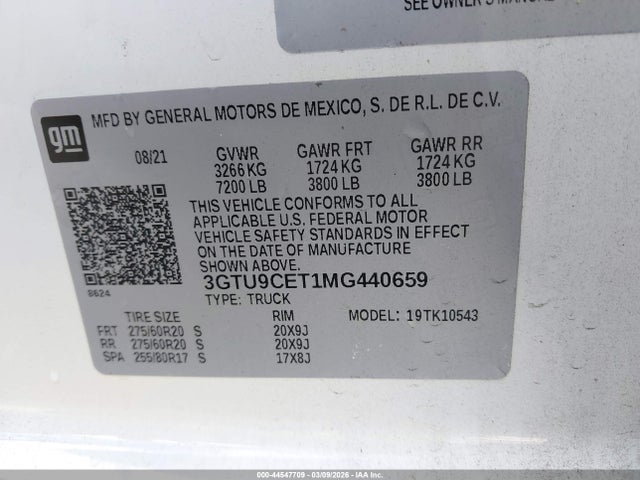 44547709 :رقم المزاد ، 3GTU9CET1MG440659 vin ، 2021 Gmc Sierra 1500 4wd  Short Box Elevation مزاد بيع