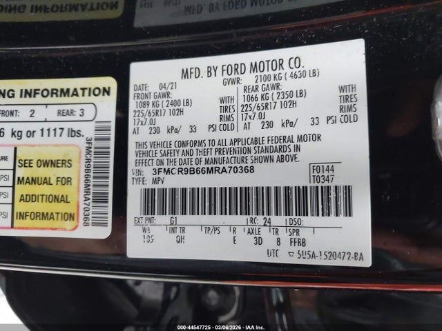 Продаж на аукціоні авто 2021 Ford Bronco Sport Big Bend, vin: 3FMCR9B66MRA70368, номер лоту: 44547725