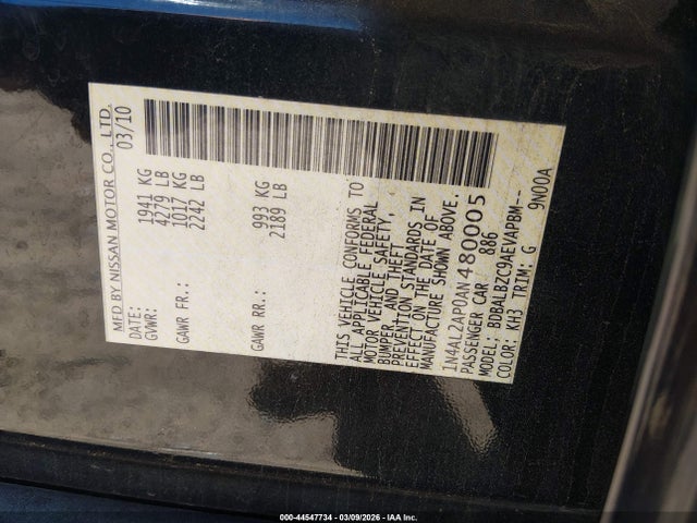 Aukcja sprzedaży 2010 Nissan Altima 2.5 S, vin: 1N4AL2AP0AN480005, numer aukcji: 44547734