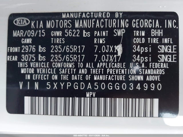 2016 Kia Sorento 3.3l Lx მანქანა იყიდება აუქციონზე, vin: 5XYPGDA50GG034990, აუქციონის ნომერი: 44547752