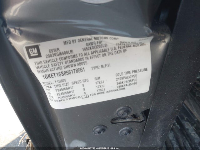 2005 Gmc Envoy Xl Slt მანქანა იყიდება აუქციონზე, vin: 1GKET16S056178561, აუქციონის ნომერი: 44547762
