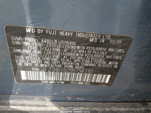 44547766 :رقم المزاد ، JF2SH61609H794330 vin ، 2009 Subaru Forester 2.5x مزاد بيع