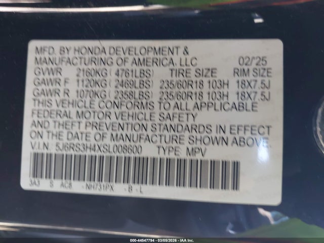 Продаж на аукціоні авто 2025 Honda Cr-v Ex 2wd, vin: 5J6RS3H4XSL008600, номер лоту: 44547794