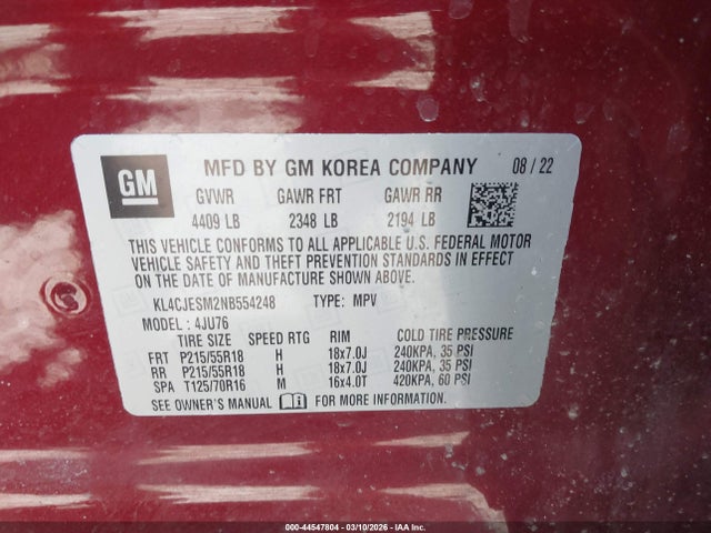 44547804 :رقم المزاد ، KL4CJESM2NB554248 vin ، 2022 Buick Encore Awd Preferred مزاد بيع