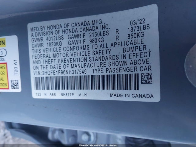 2HGFE1F96NH317549 Honda Civic Touring