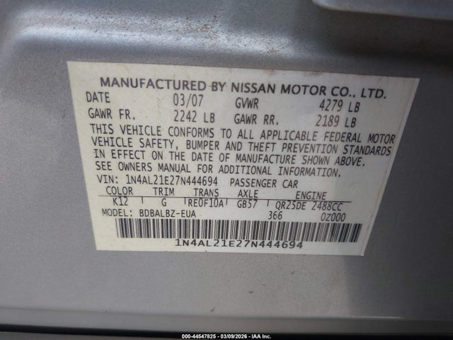 44547825 :رقم المزاد ، 1N4AL21E27N444694 vin ، 2007 Nissan Altima 2.5 S مزاد بيع