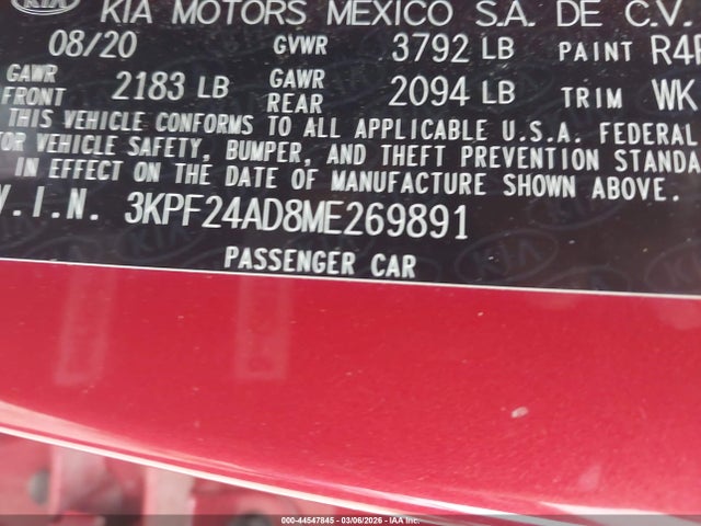 44547845 :رقم المزاد ، 3KPF24AD8ME269891 vin ، 2021 Kia Forte Lxs مزاد بيع