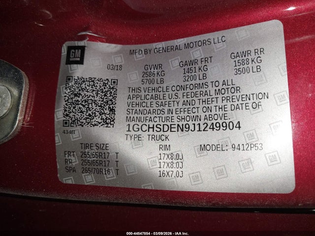 44547854 :رقم المزاد ، 1GCHSDEN9J1249904 vin ، 2018 Chevrolet Colorado Z71 مزاد بيع