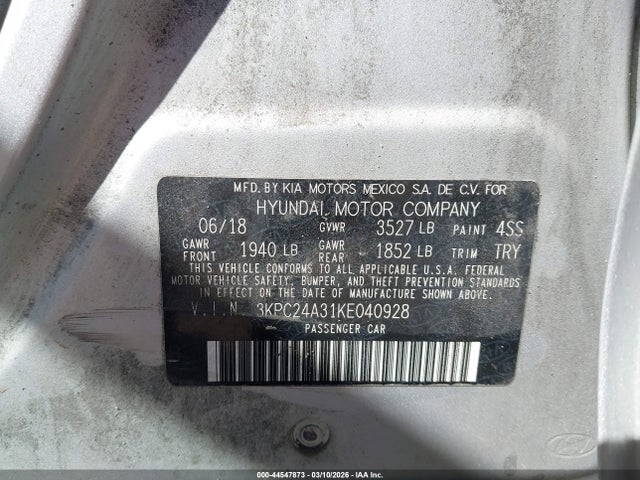 Aukcja sprzedaży 2019 Hyundai Accent Se, vin: 3KPC24A31KE040928, numer aukcji: 44547873